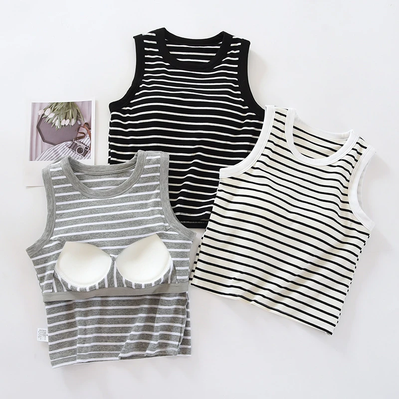条纹棉带胸垫宽肩背心齐腰短款上衣女无袖打底BRA-T罩杯一体内衣