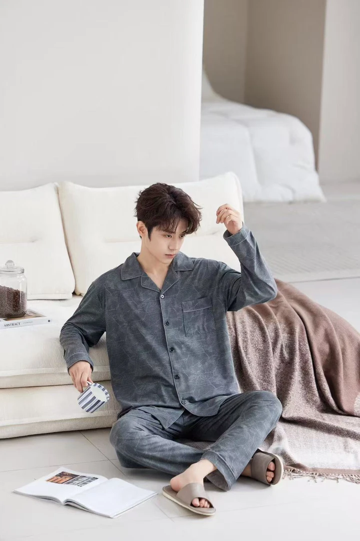 春秋男士长袖睡衣男款秋冬秋季四季家居服简约休闲小翻领宽松套装