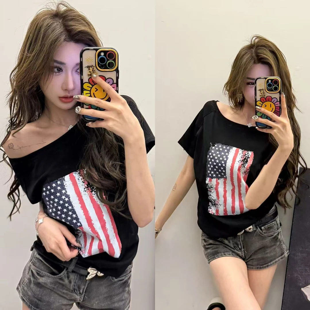 美式复古辣妹露肩短袖T恤女2025夏季新款宽松显瘦黑色斜肩上衣潮