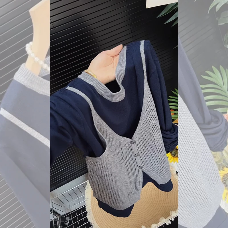 早秋韩系穿搭长袖撞色长袖T恤女外搭叠穿针织吊带背心假两件上衣