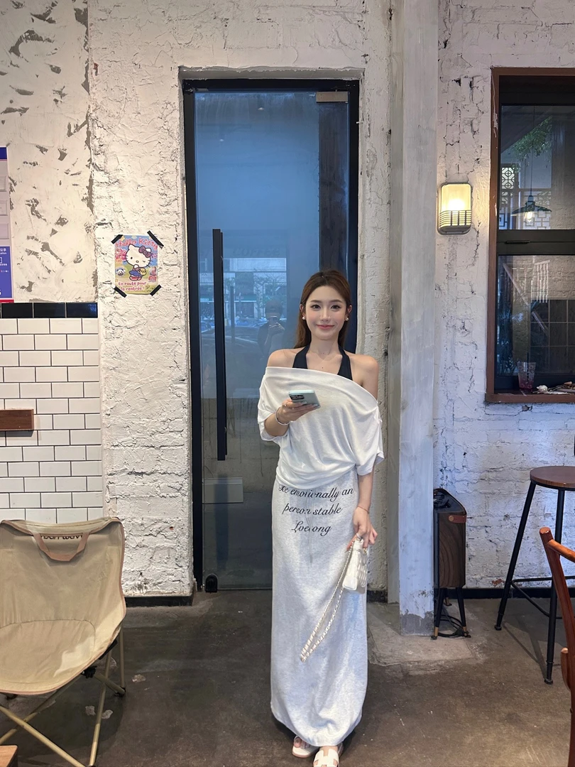 张兑兑duidui/韩系字母半裙 休闲直筒韩版抽绳半身裙 浅色百搭通