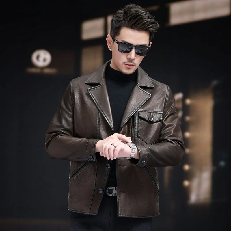 品质秋冬新款头层油蜡绵羊皮机车款男士真皮皮衣修身皮夹克外套潮