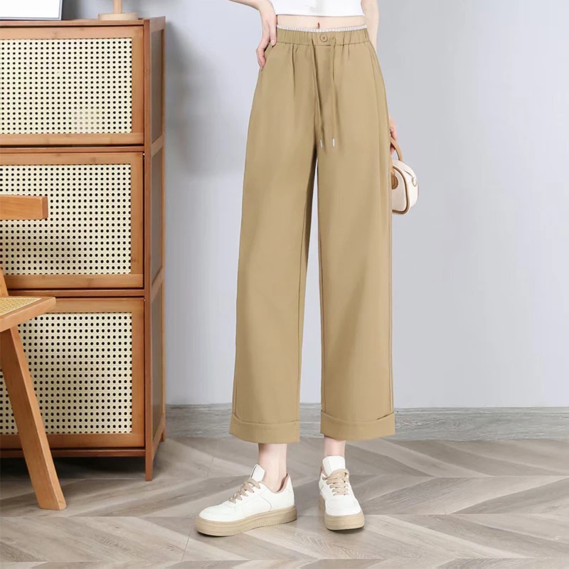 窄版卷边阔腿裤女2025夏款高腰显瘦百搭裤子宽松直筒休闲裤#2507