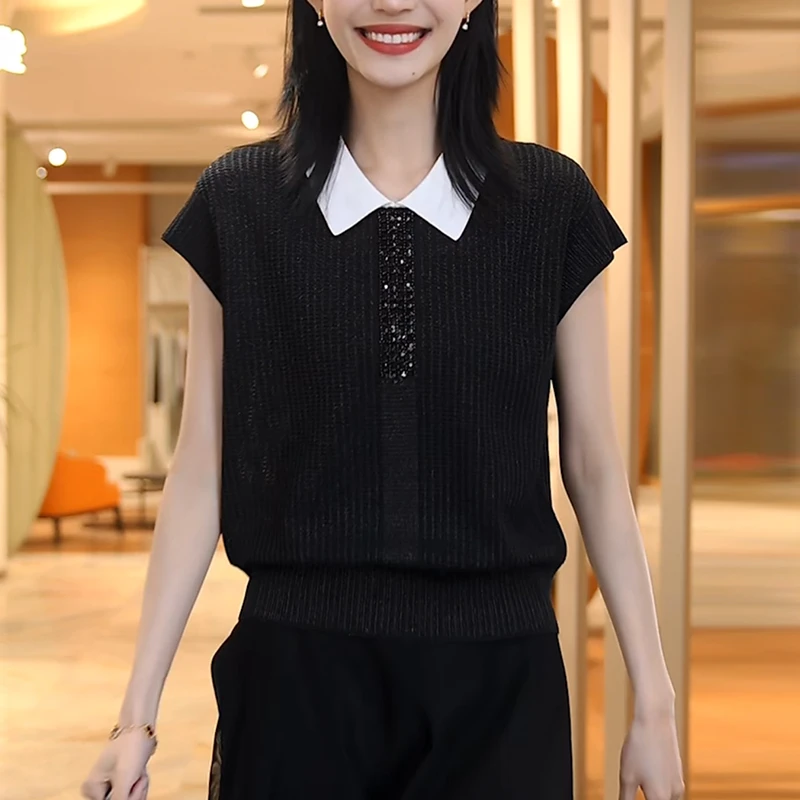 黑色针织衫t恤女士2025夏季时尚洋气减龄显瘦设计假两件短袖上衣