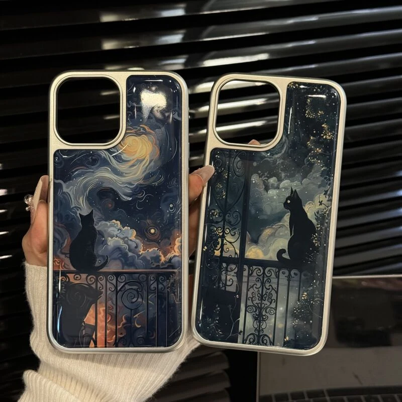 适用苹果16手机壳电镀相框大孔iPhone15碎花栏杆星空猫咪华为小众