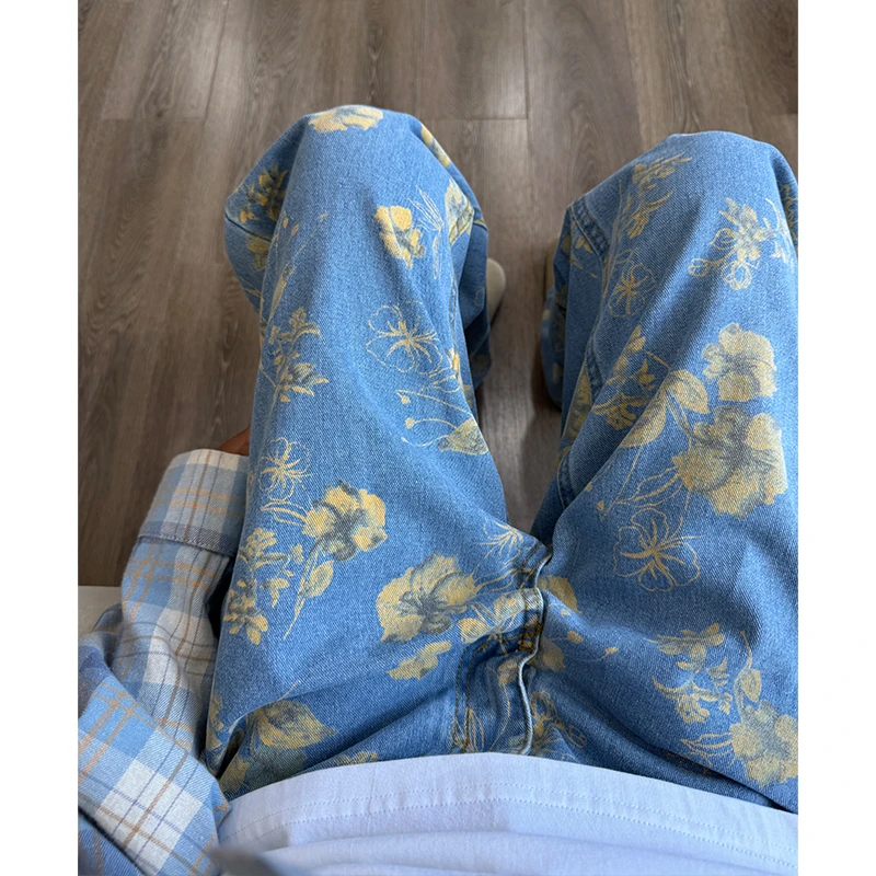 美式复古花卉提花牛仔裤男款秋季痞帅高级感裤子宽松直筒休闲长裤