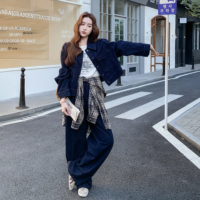 复古牛仔套装女2025早秋新款减龄学院风短外套高腰阔腿裤两件套