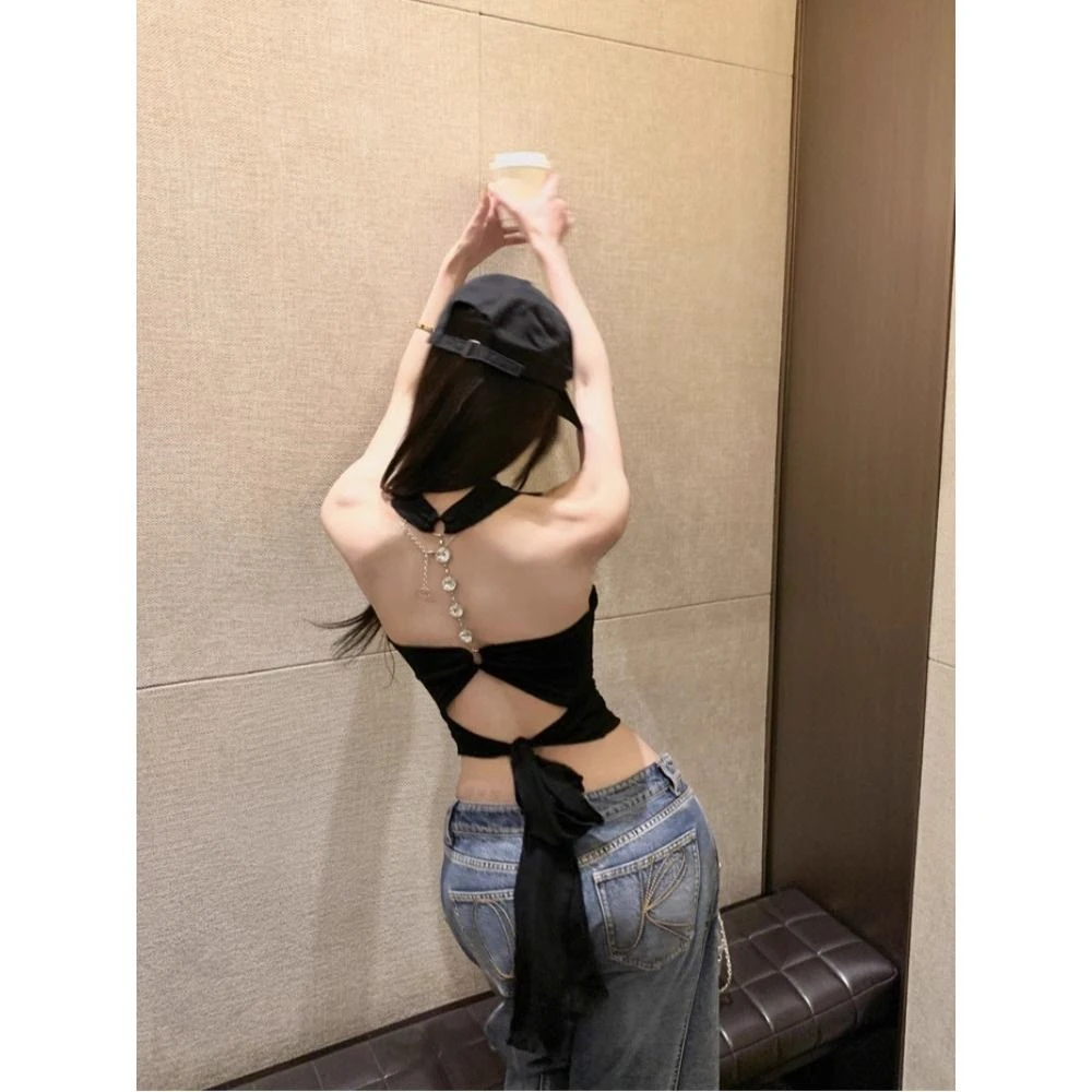 后背绑带带胸垫镂空黑色挂脖上衣女夏季纯欲辣妹性感无袖美背吊带