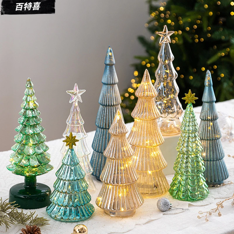 水晶玻璃圣诞树摆件 圣诞节场景布置家用发光小夜灯ins道具装饰
