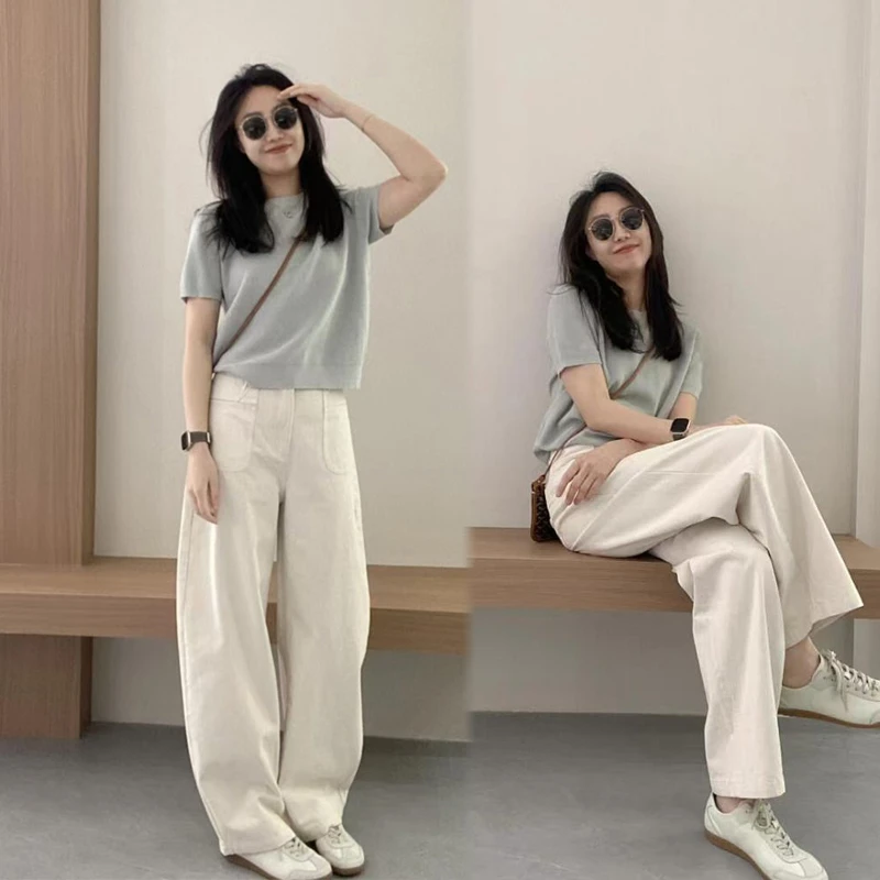 洋气针织衫休闲衣服女慵懒风时尚套装女2025夏季新款白色直筒裤子