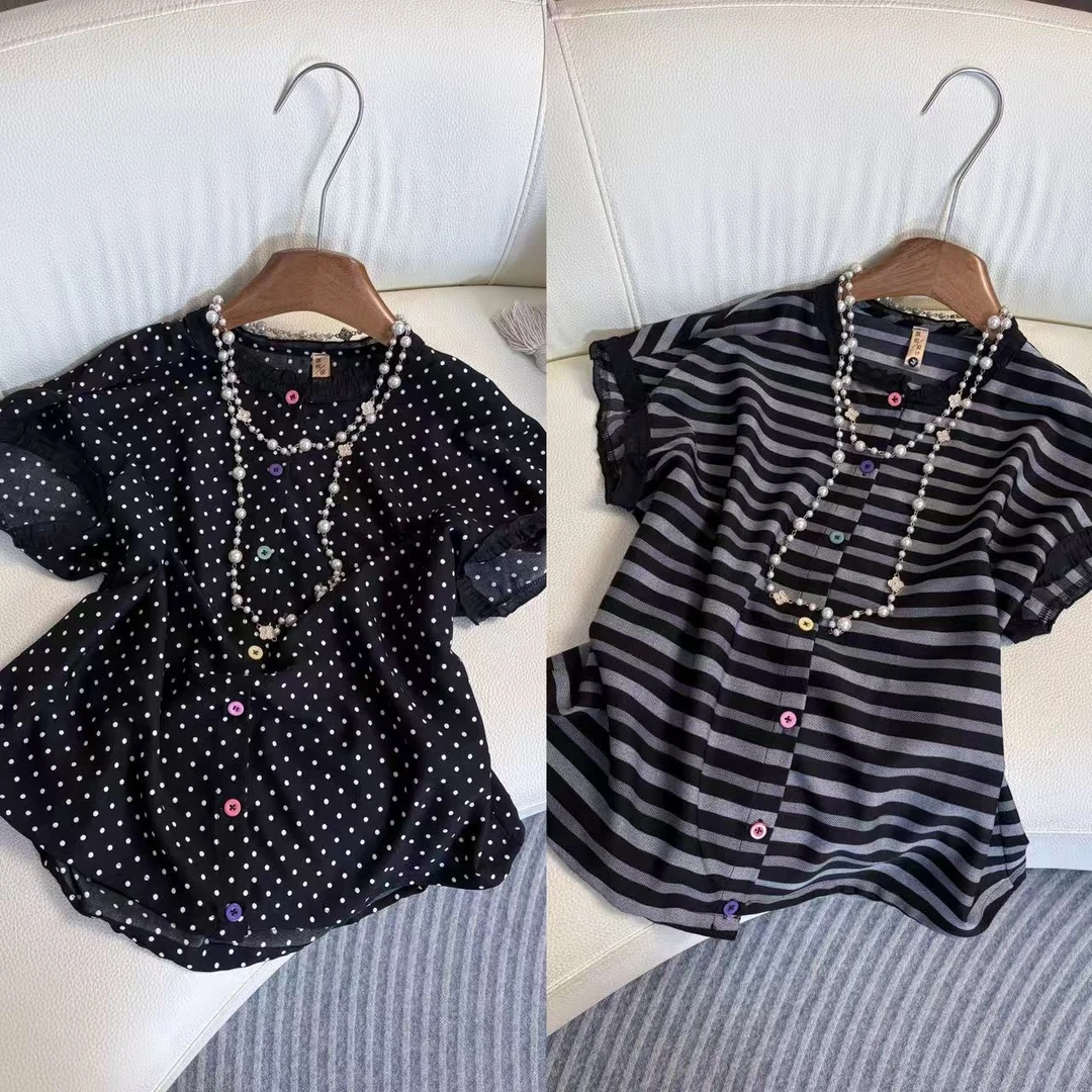 夏季复古港风清新百搭宽松上衣衬衫袖口花边衬衫T恤