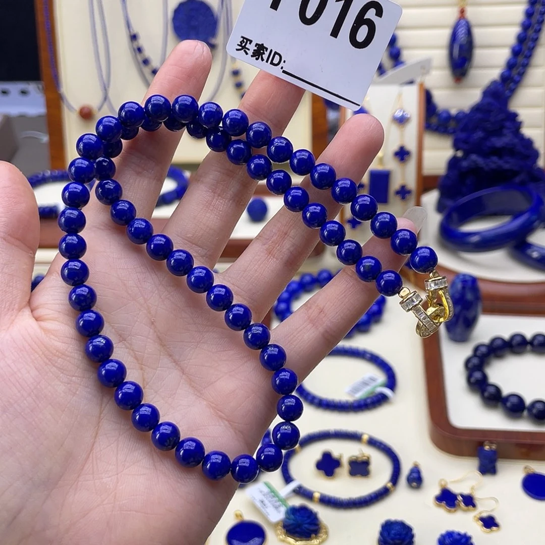 青金石银S925镀金镶嵌项链7mm