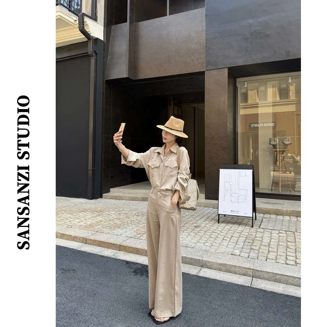 SANSANZI休闲套装长袖POLO领纽扣衬衫女春季高腰直筒拖地裤两件套