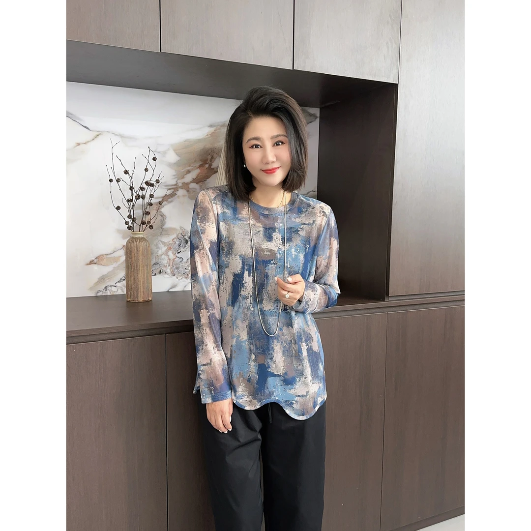 微胖女装【涂鸦T恤】牛仔色晕染波浪边网纱T恤长袖上衣高级感20633