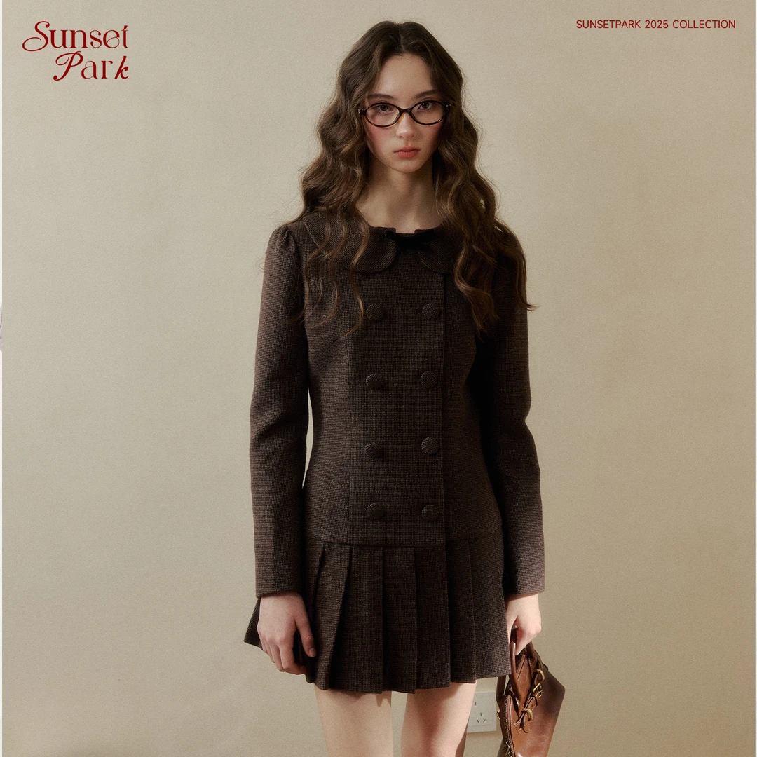 SunsetPark【新品上新】复古学院风娃娃领千鸟格收腰百褶裙