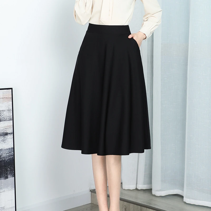 春秋中长款黑色百搭高腰半身裙弹力显瘦大摆裙松紧腰口袋百褶裙女