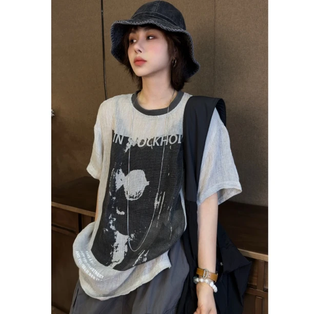 HY1987罗罗全麻涂鸦文艺复古小众套头衬衫T恤设计感宽松夏季时尚