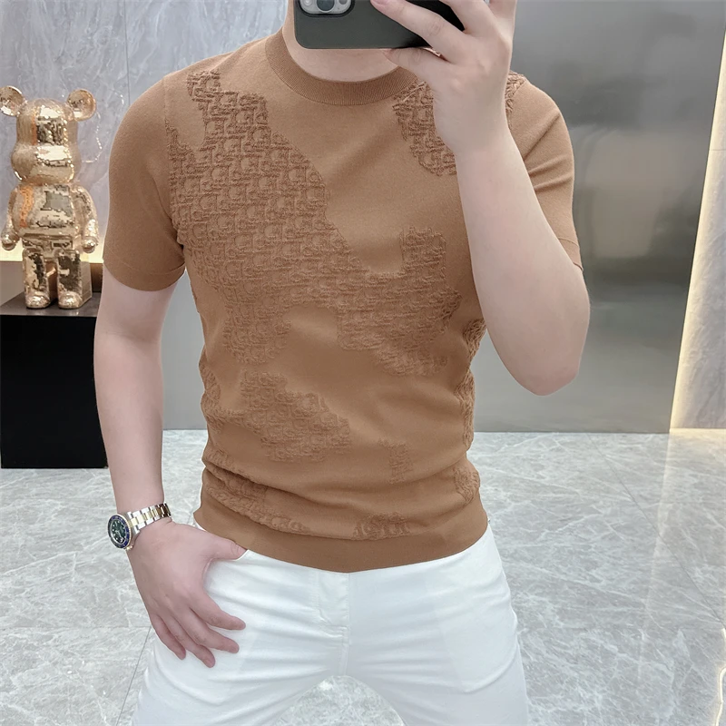 2025新款男士春夏季高品质冰麻针织薄款时尚修身潮流圆领撞色短袖