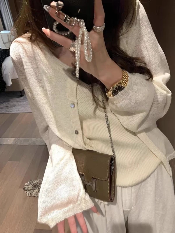 【现货】夏装新款刺绣蝴蝶结针织开衫女圆领长袖薄款防晒披肩空调衫