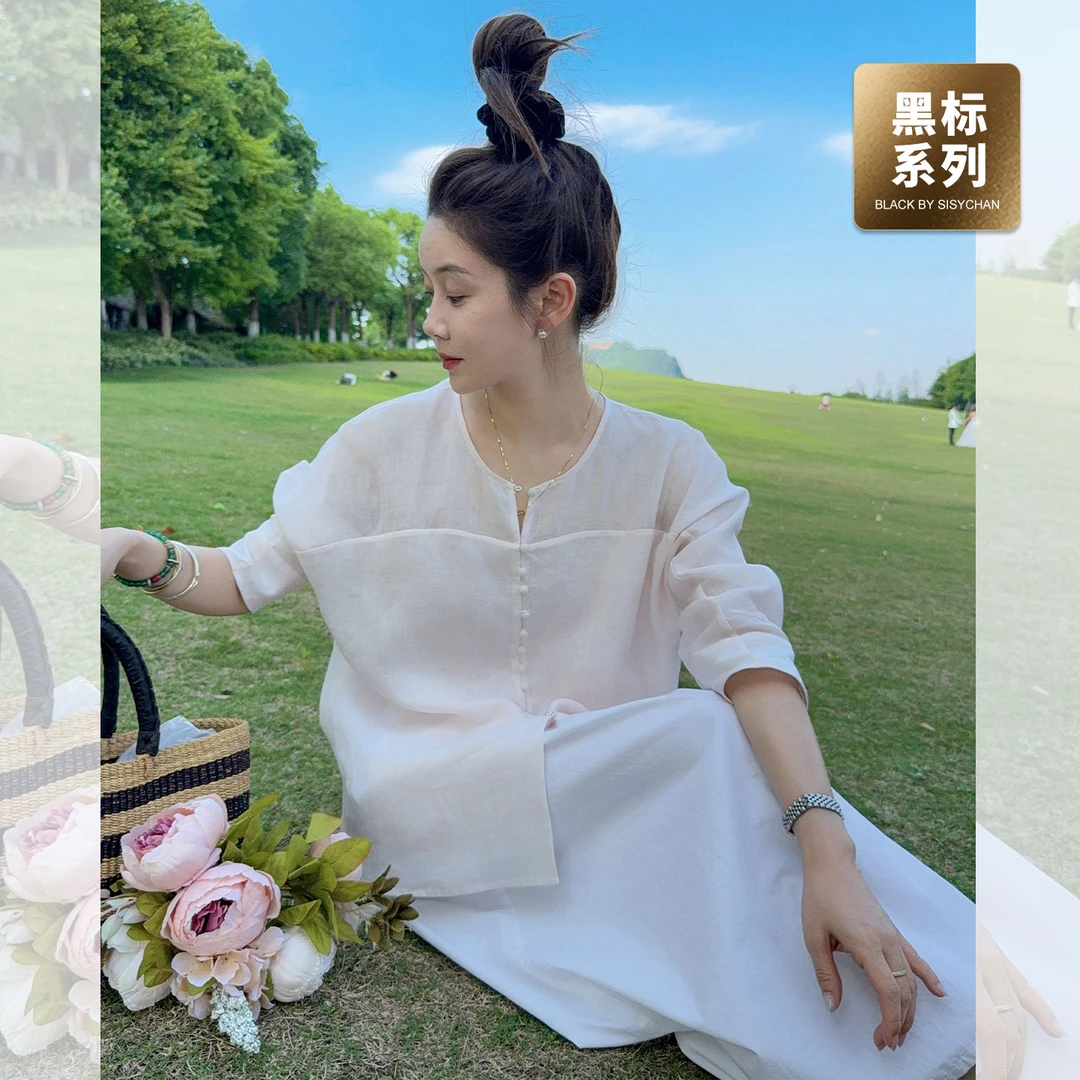 莉贝琳sisy黑标 露珠小衫苎麻仙气宽松连肩袖上衣女夏S25106LS07