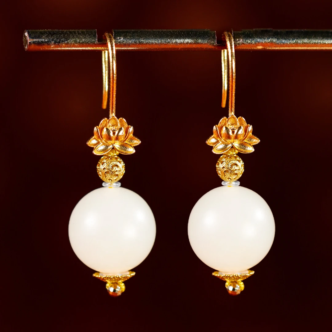 和田玉18K金荷韵耳钩白玉耳坠和田玉耳钩圆珠耳钩爆款