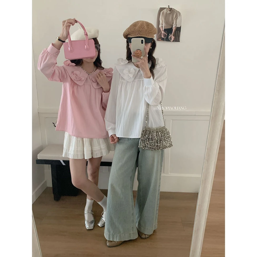 小羊专属-韩版立体花朵衬衫甜美减龄纯色百搭长袖衬衣7233#0.1 qq