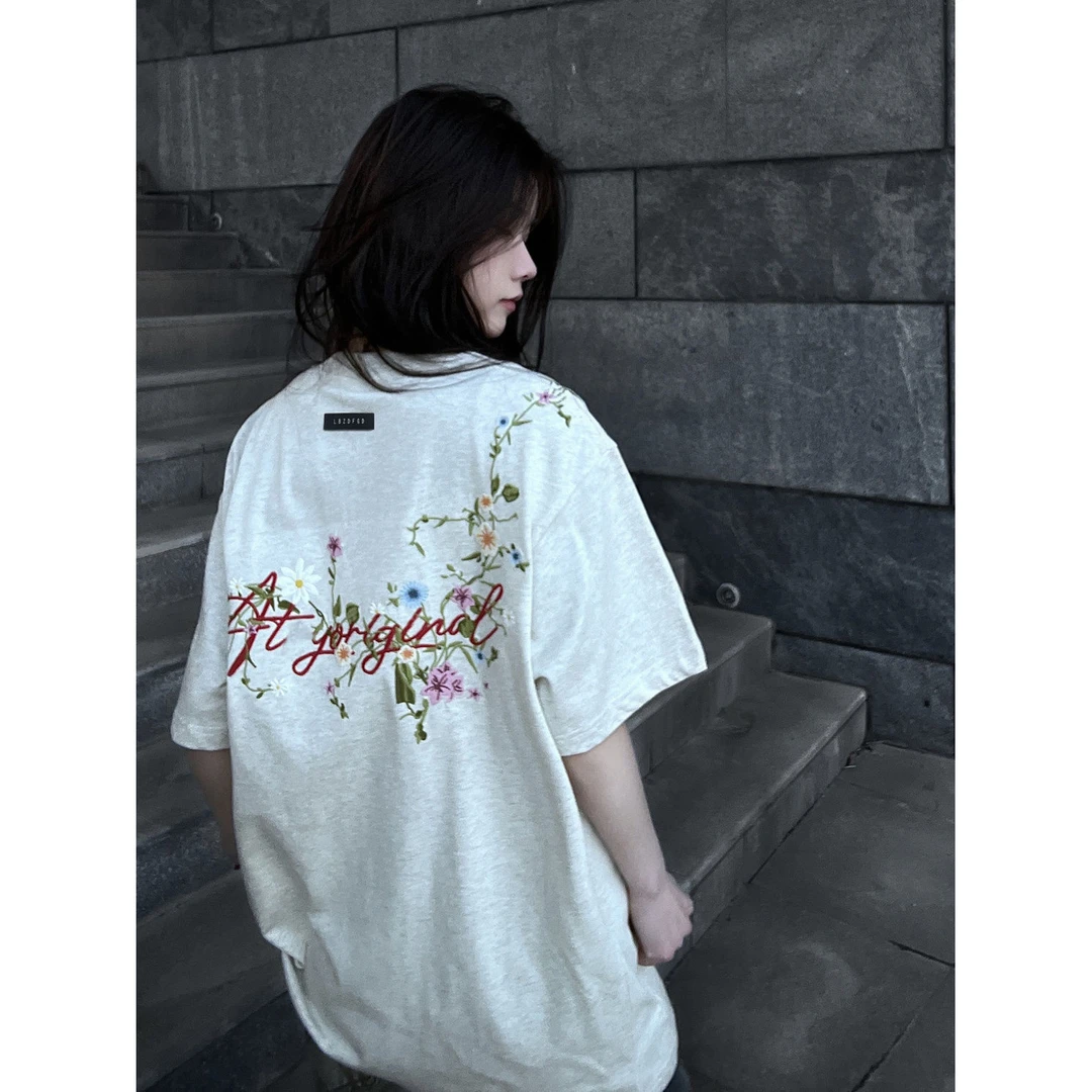 100%纯棉300克重磅高街印花短袖复古上衣ins夏港风百搭休闲T恤