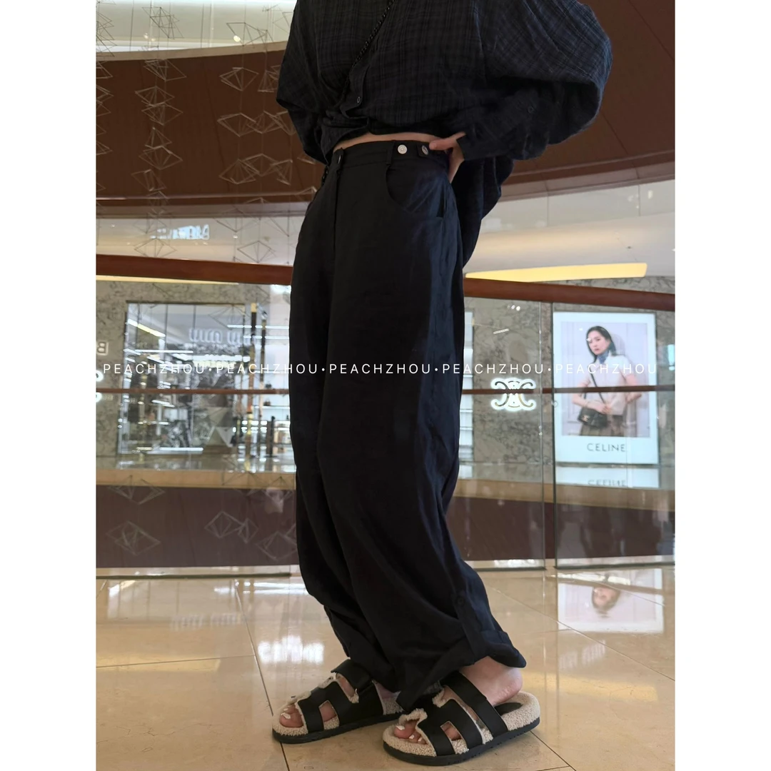 『PEACHZHOU』100亚麻调节扣两穿宽松直筒休闲裤通勤百搭阔腿长裤女