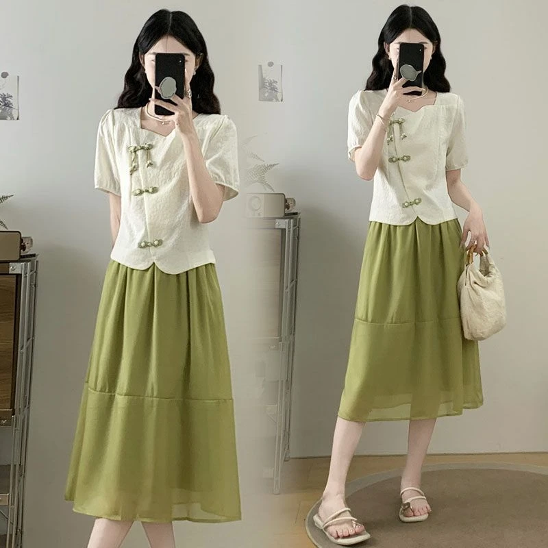 高级中式气质裙套装女夏季新款宽松大码盘扣上衣半身裙两件套