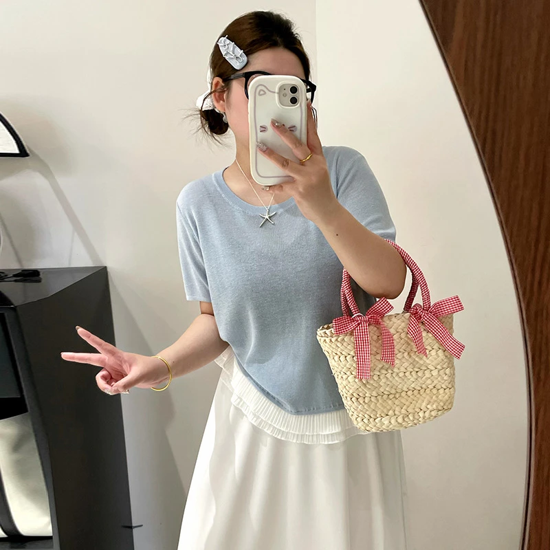 乃粒大码设计感蕾丝拼接短袖t恤女夏季微胖mm显瘦遮肉正肩小上衣