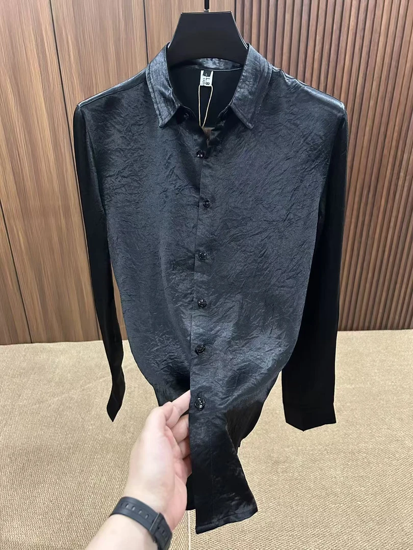 男士长袖翻领醋酸翻领衬衣大理石纹理百搭