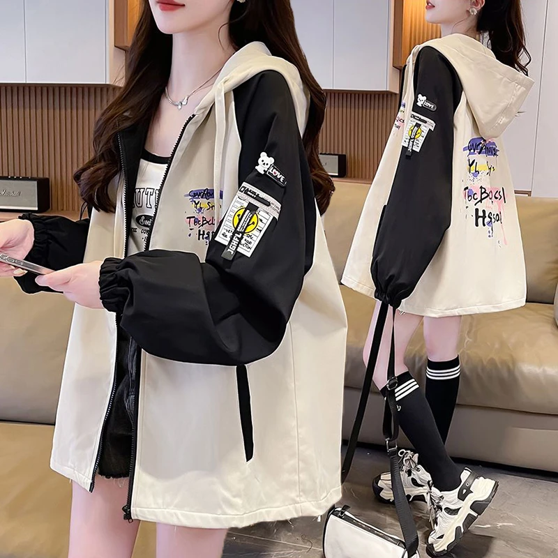 拼色连帽设计感外穿风衣外套女春秋新款韩版宽松百搭薄款休闲上衣