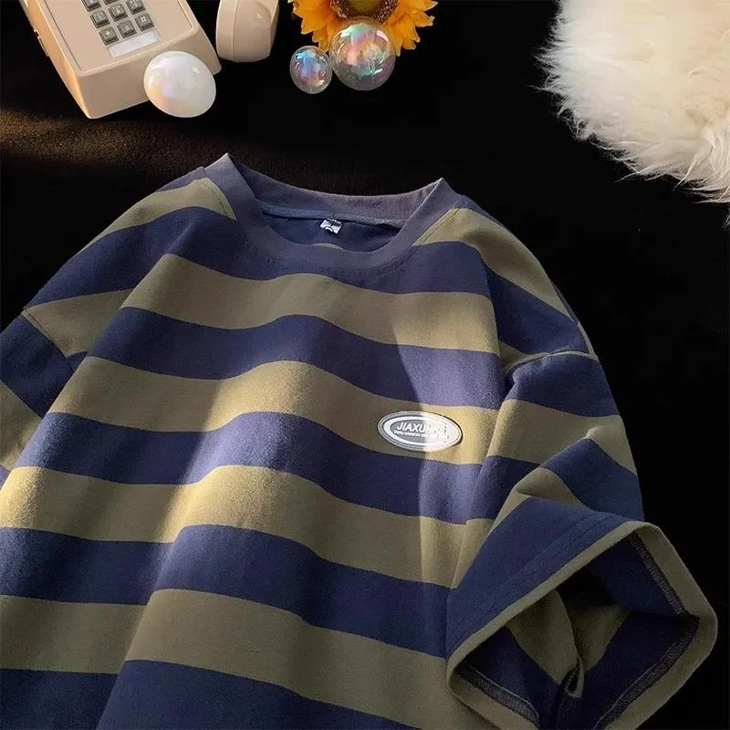 大码300斤港风复古条纹小领口撞色短袖T恤男韩版潮流情侣体恤上衣