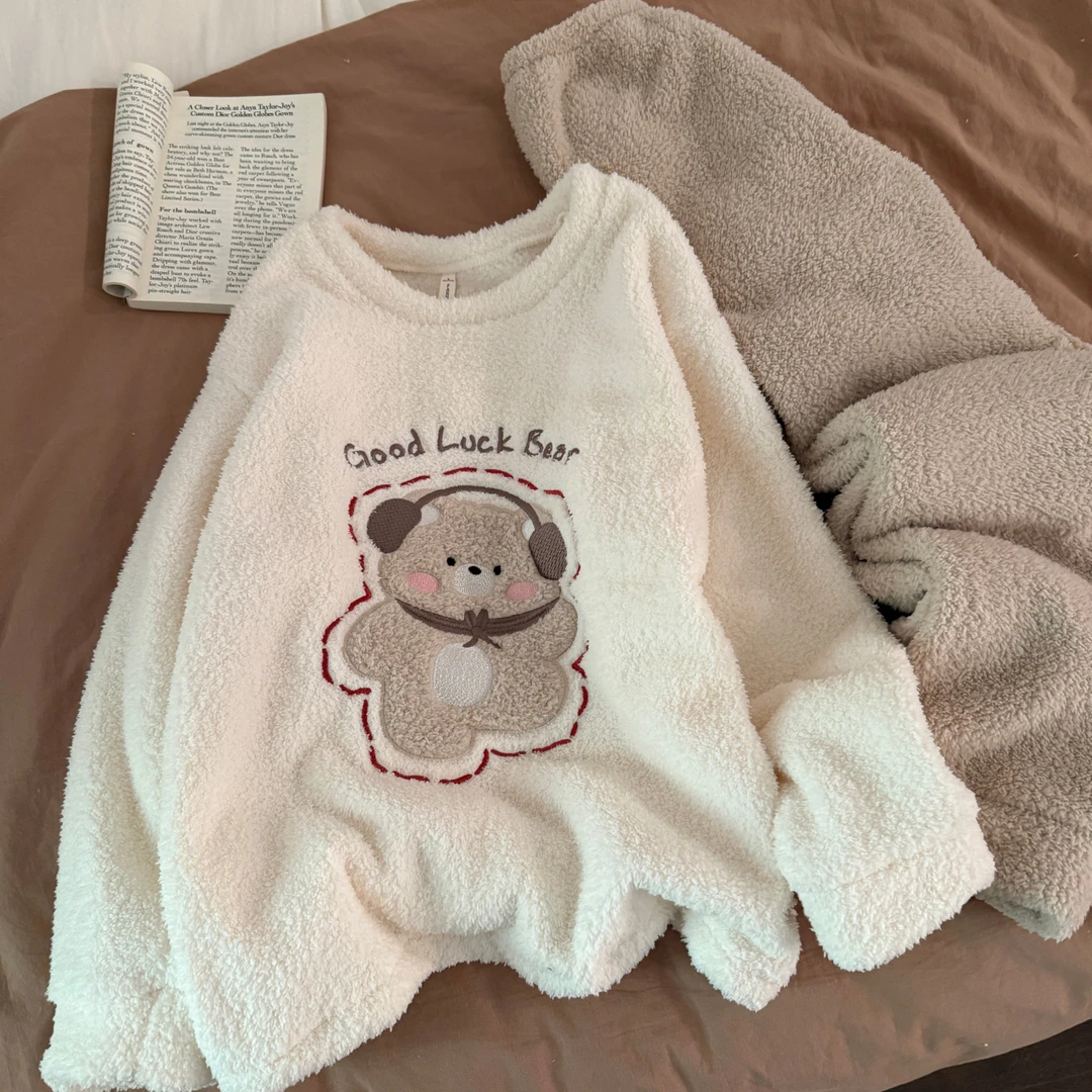 睡衣女秋冬季仿半边绒大码加厚25新款珊瑚绒音乐熊套装冬天家居服