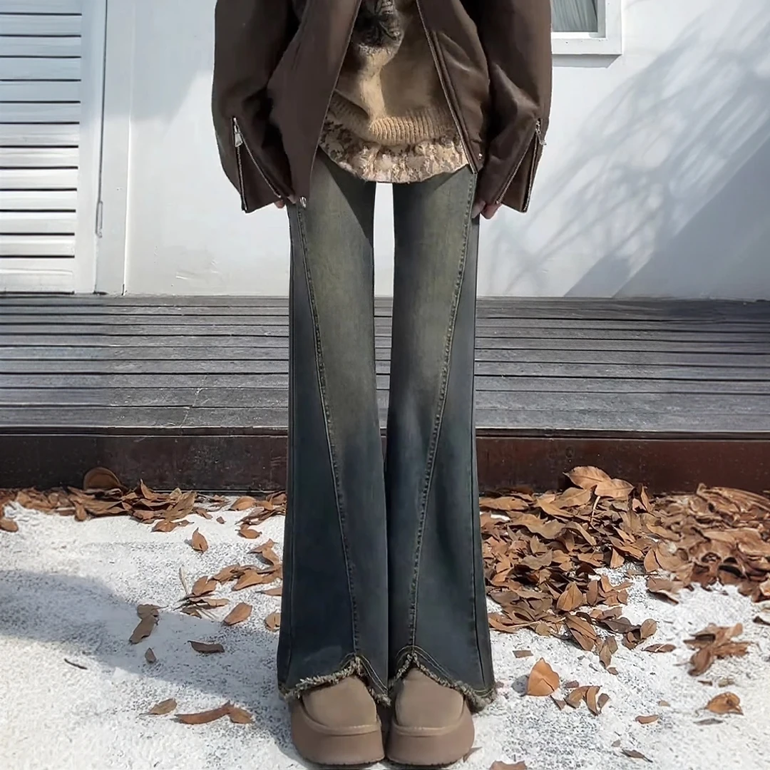 大码胖mm复古蓝毛边微喇牛仔裤女秋冬新款高腰显瘦遮胯弹力喇叭裤