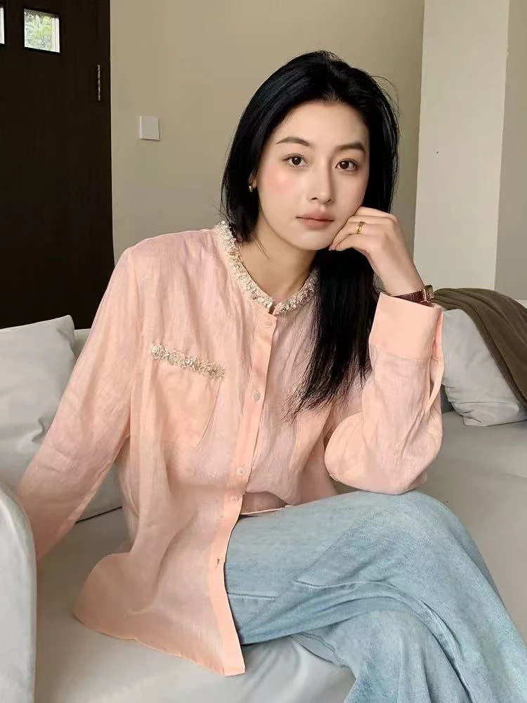 高端2025早春新款复古风圆领衬衣女领口钉珠轻薄亲肤10037