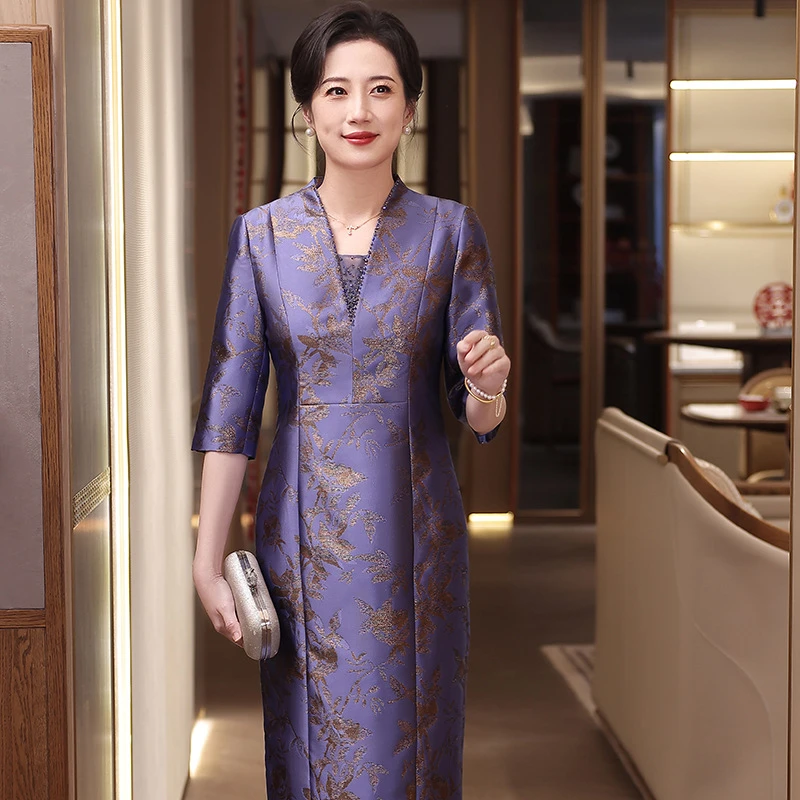 新款大码改良婚宴礼服喜婆婆旗袍衣裙收腰显瘦弹力连衣裙套装928