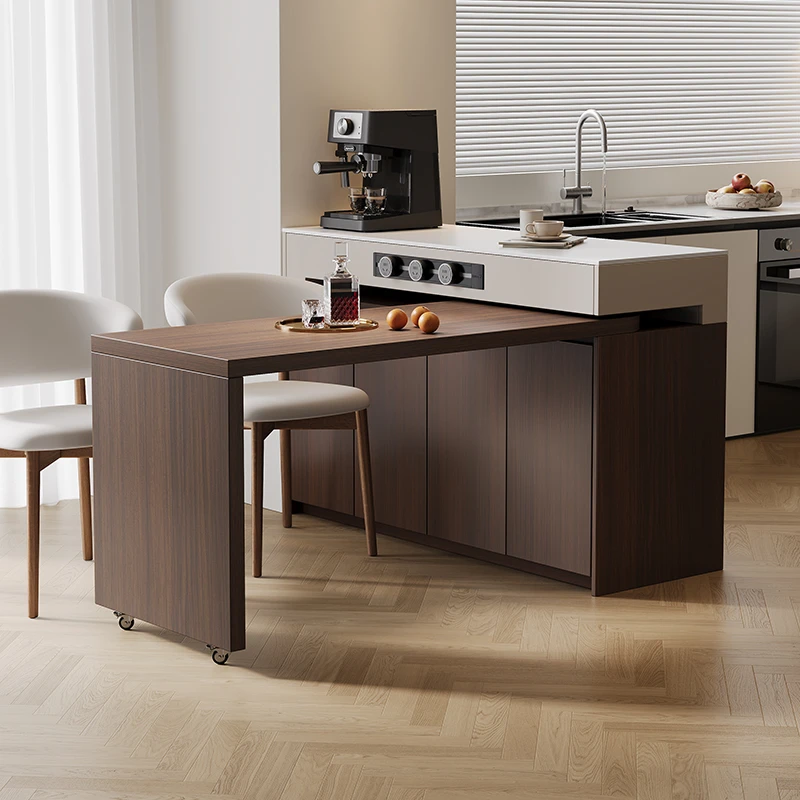 中古风可旋转伸缩岛台餐桌家用客餐厅胡桃木色轻奢餐桌