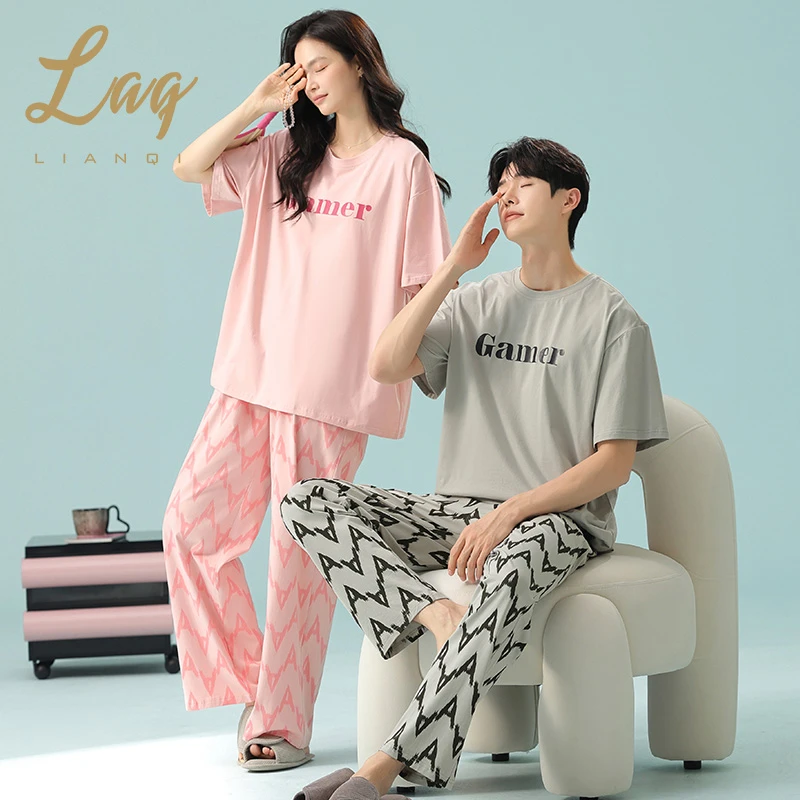 睡衣情侣女夏纯棉简约宽松套头短袖长裤套装薄款大码男家居服5138