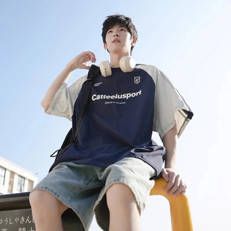 重磅纯棉美式撞色短袖男女夏季圆领潮牌宽松拼接插肩情侣半袖T恤