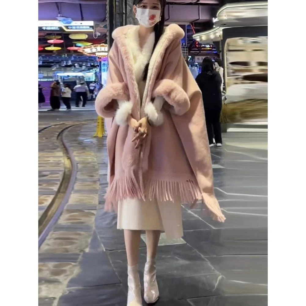 连帽外套时尚毛绒斗篷披肩加绒加厚冬季慵懒风毛领披风呢子大衣潮