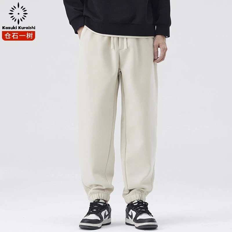 仓石一树束脚抽绳卫裤男士春秋美式复古百搭纯色宽松运动休闲裤子
