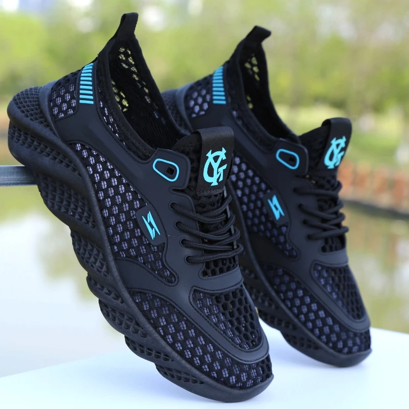 夏季男鞋透气网面薄款网鞋男士轻便跑步软底运动休闲网眼镂空凉鞋