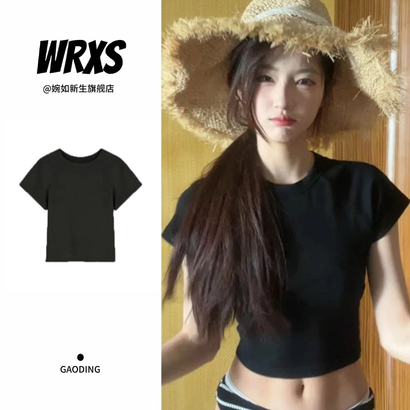 【婉如新生】黑色修身短袖t恤女纯色百搭2025春夏辣妹穿搭短款上衣