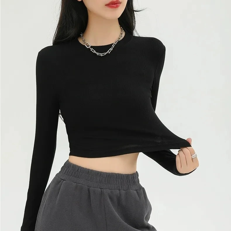 95棉t恤春秋高腰露脐修身短款打底衫女款爆款2025新款秋冬