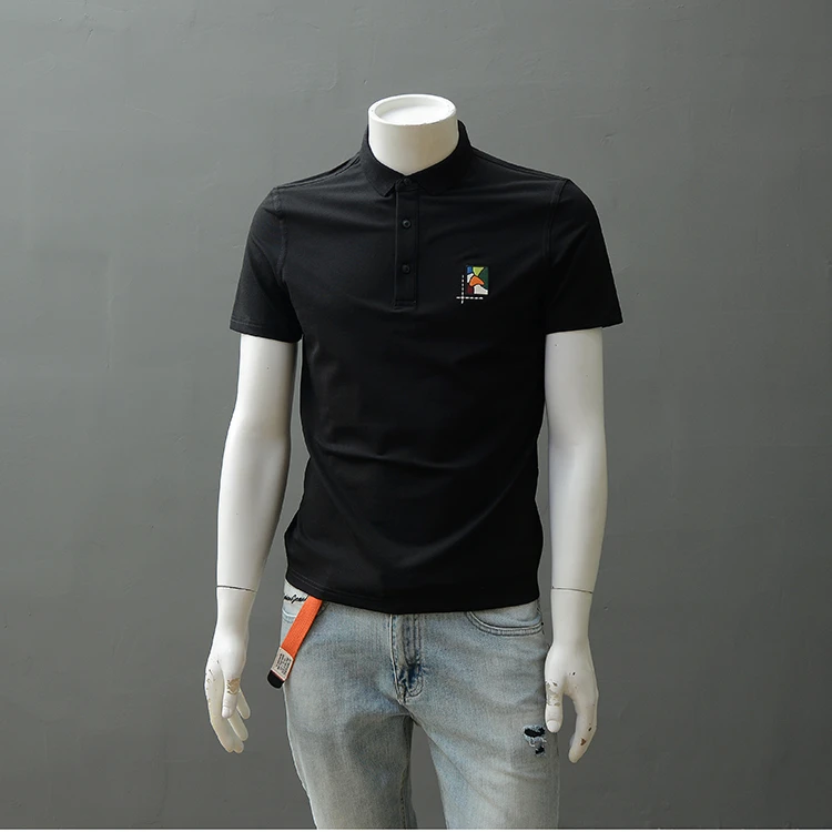 小翻领色块刺绣短袖POLO衫男2025夏季修身小板型高品质保罗衫上衣