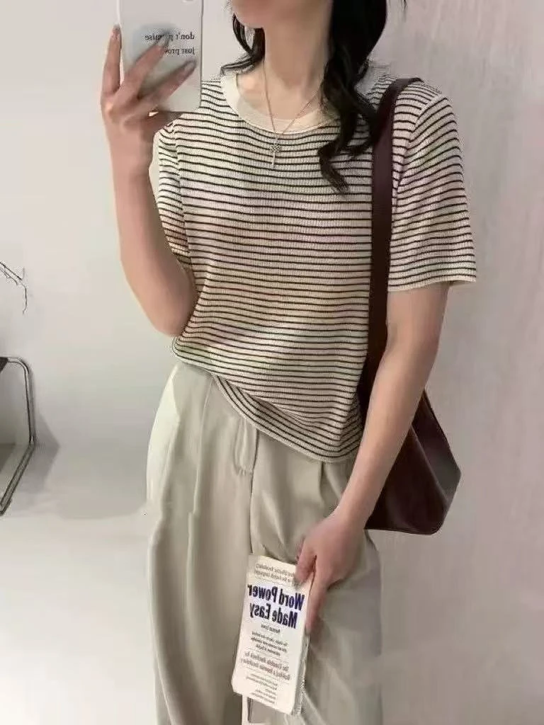 丽丽家~细条纹白短袖时尚休闲百搭圆领上衣284