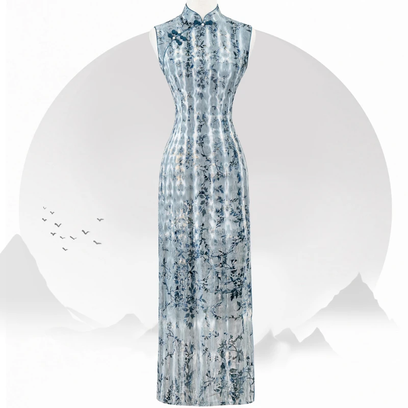 WX0008蓝灰色枝蔓弹力纱无袖中国风旗袍女款显瘦中式连衣裙春夏