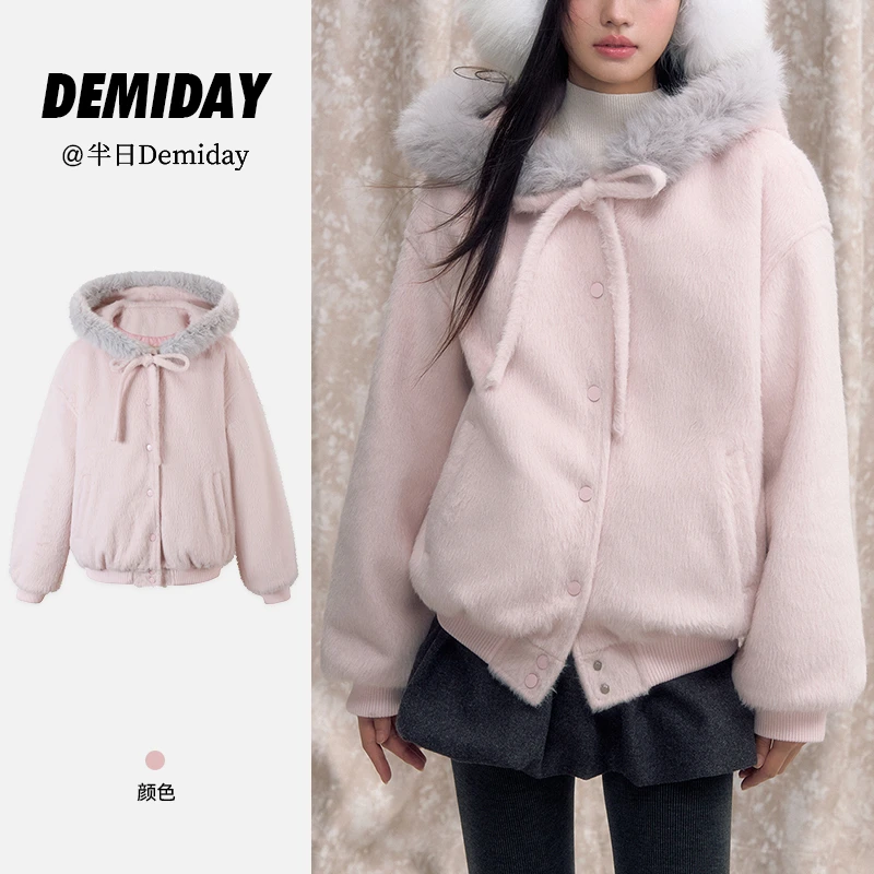 韩系蝴蝶结粉色夹棉加厚棉衣棉服休闲宽松毛呢连帽外套女冬季新款