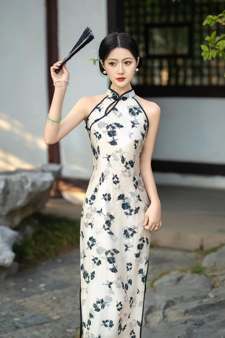 新中式印花无袖苎麻双层挂脖半圆襟旗袍气质优雅复古中国风少女